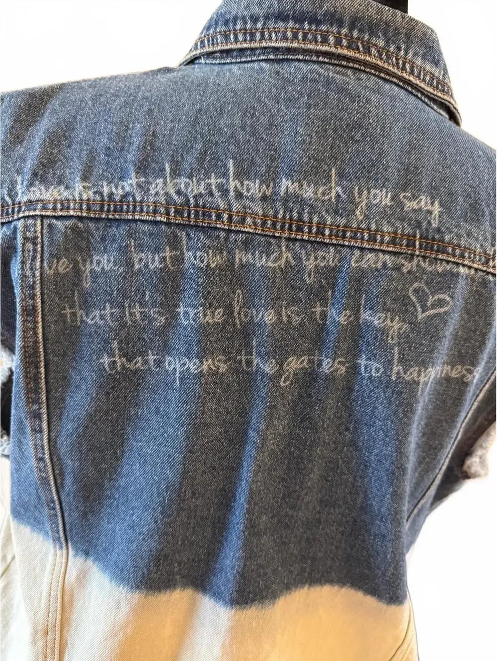 POL Women's Two-Tone Distressed Denim Vest with Back Text Large NWOT